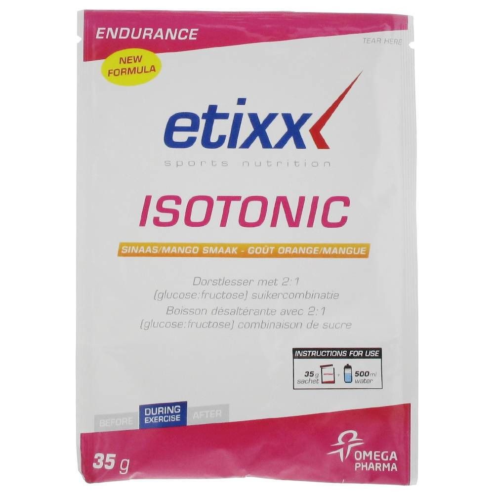 Sachet etixx ISOTONIC, goût orange/mangue. Contient des instructions d'utilisation et le logo Omega Pharma.