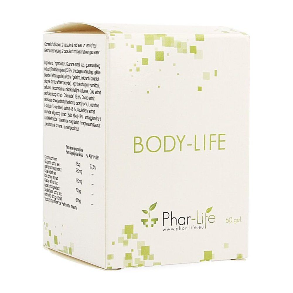 Witte doos met groene tekst. Opschrift: BODY-LIFE, Phar-Life logo, 60 gel. Ingrediëntenlijst en voedingswaarde-informatie.