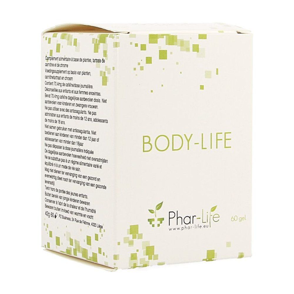 Witte doos met groene tekst. Opschrift: BODY-LIFE, Phar-Life logo, 60 gel. Bevat gebruiksaanwijzingen en waarschuwingen.