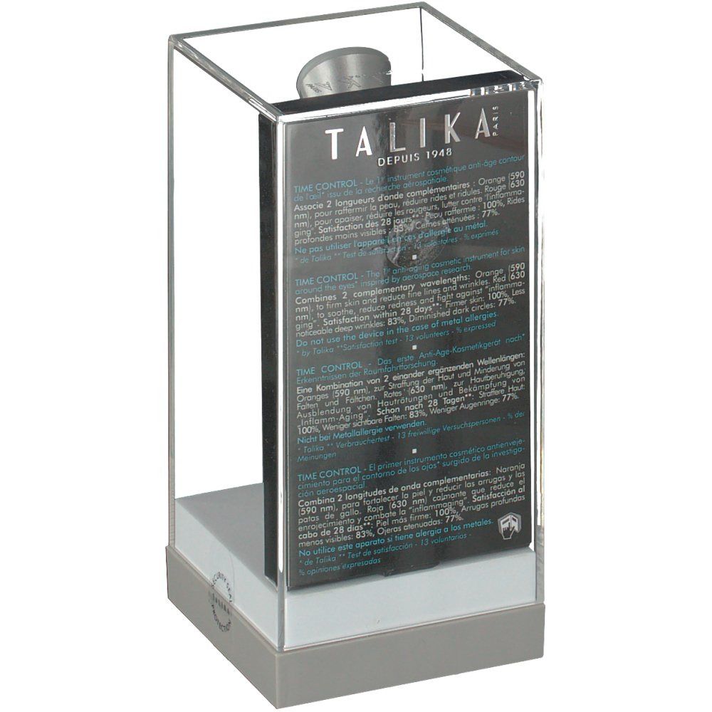 Emballage avec texte dans un boîtier transparent. Inscription : TALIKA. Vue détaillée des informations produit.