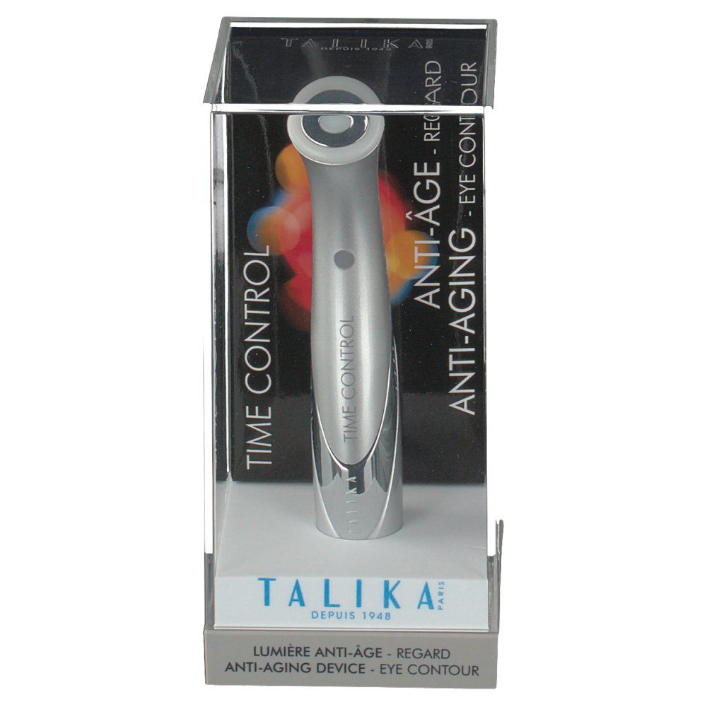 Appareil argenté dans un boîtier transparent. Inscriptions : TIME CONTROL, ANTI-AGING, TALIKA. Vue de face.