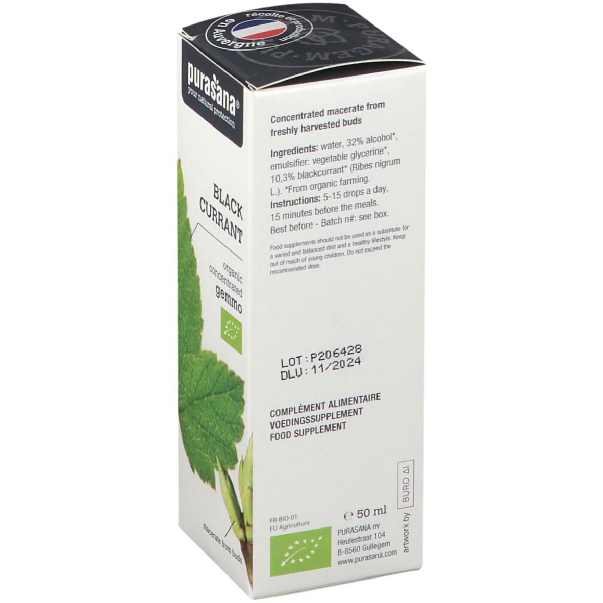 Boîte blanche avec informations produit et feuille. Logo et texte 'purasana' sur le dessus.