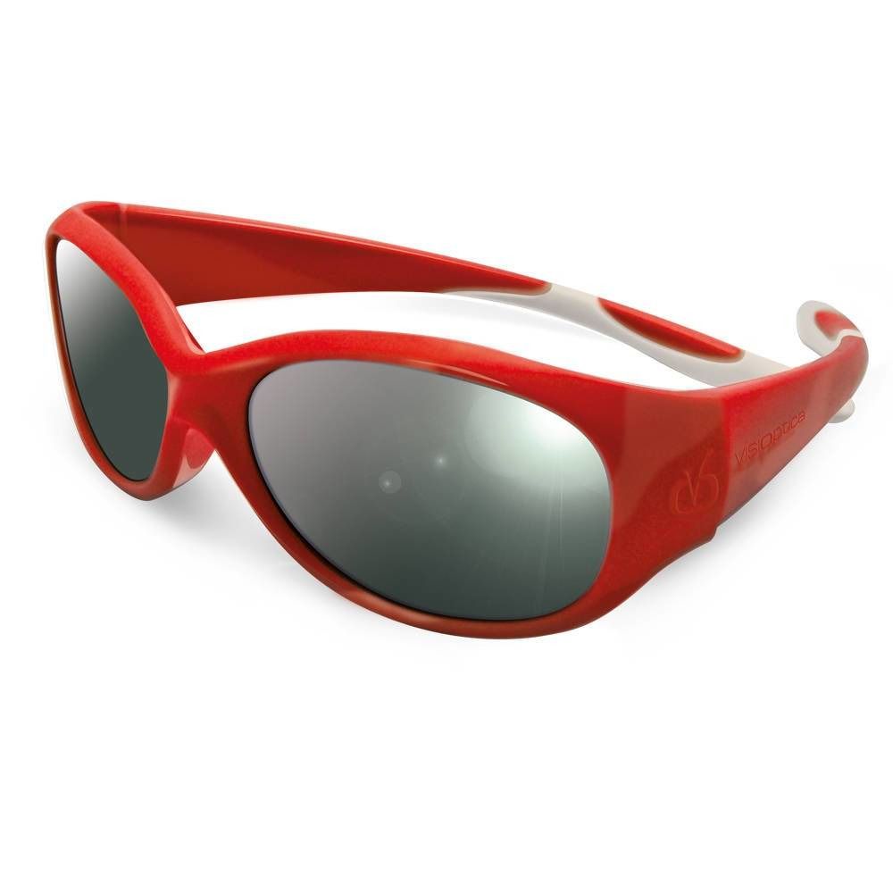 Lunettes de soleil rouges avec verres gris. Branches blanches. Forme arrondie. Inscription sur la branche.