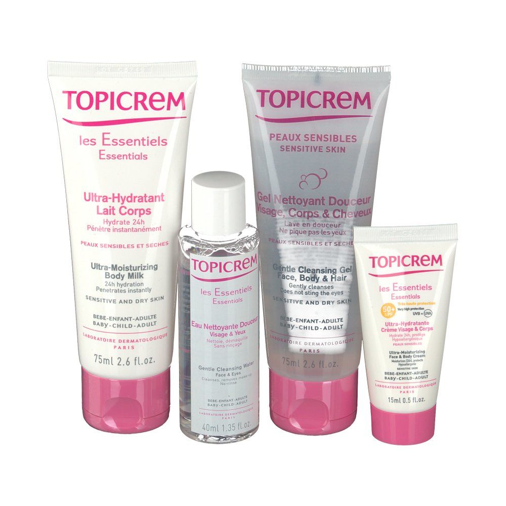 Quatre produits cosmétiques Topicrem : lait corporel, gel nettoyant, crème visage et eau nettoyante. Tubes blancs avec accents roses et texte.