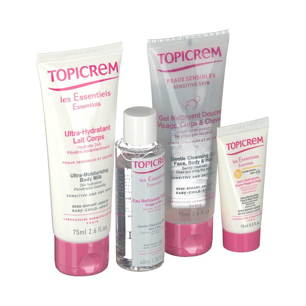 Quatre produits cosmétiques Topicrem : lait corporel, gel nettoyant, crème visage et eau nettoyante. Tubes blancs avec accents roses.
