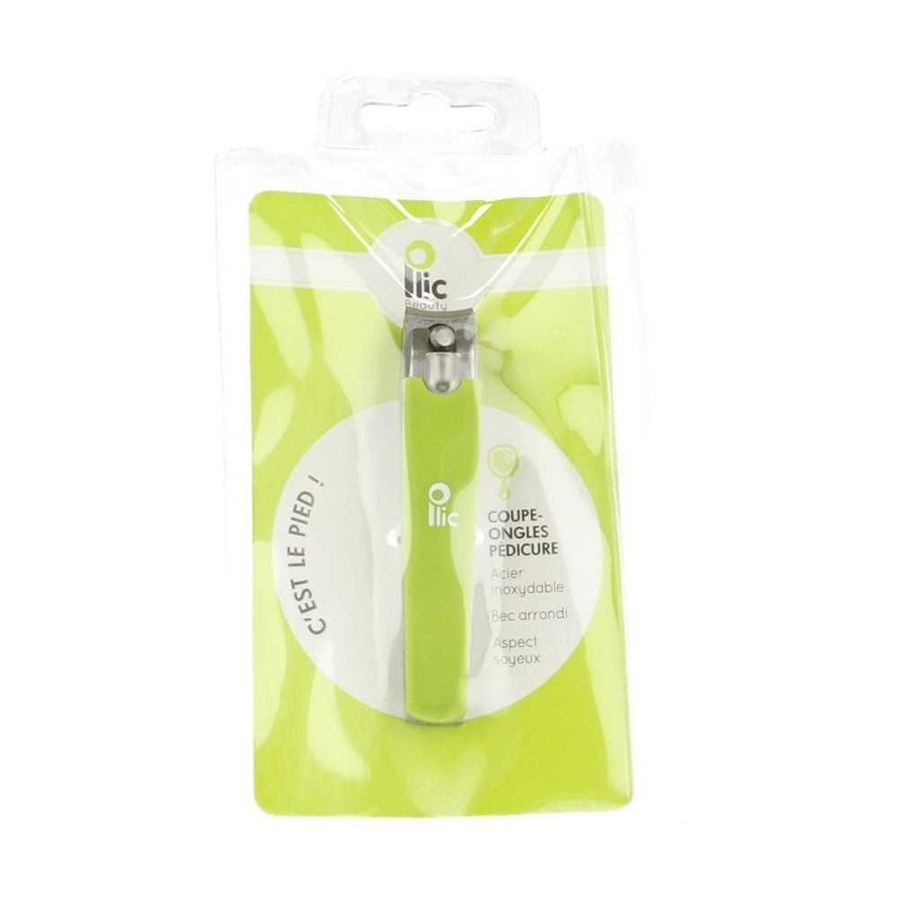 Groene nagelknipper in verpakking. Roestvrijstalen snijblad. Merk ilic. Tekst: COUPE-ONGLES PEDICURE.