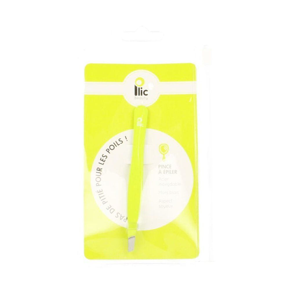 Limoengroene pincet in verpakking. Merk Ilic Beauty. Opschrift: Pas de pitie pour les poils!
