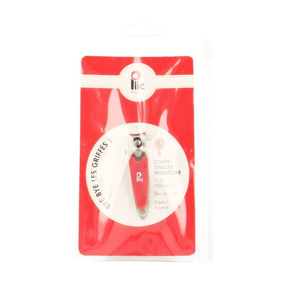 Nagelknipper in rode verpakking. De nagelknipper is rood en zilverkleurig. Op de verpakking staat "Bye Bye les griffes".
