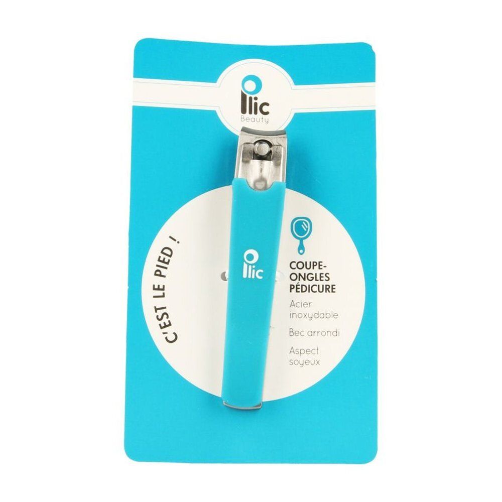Coupe-ongles pédicure turquoise sur carton bleu. Marque Ilic. Inscription : Coupe-ongles pédicure, acier inoxydable, bec arrondi.