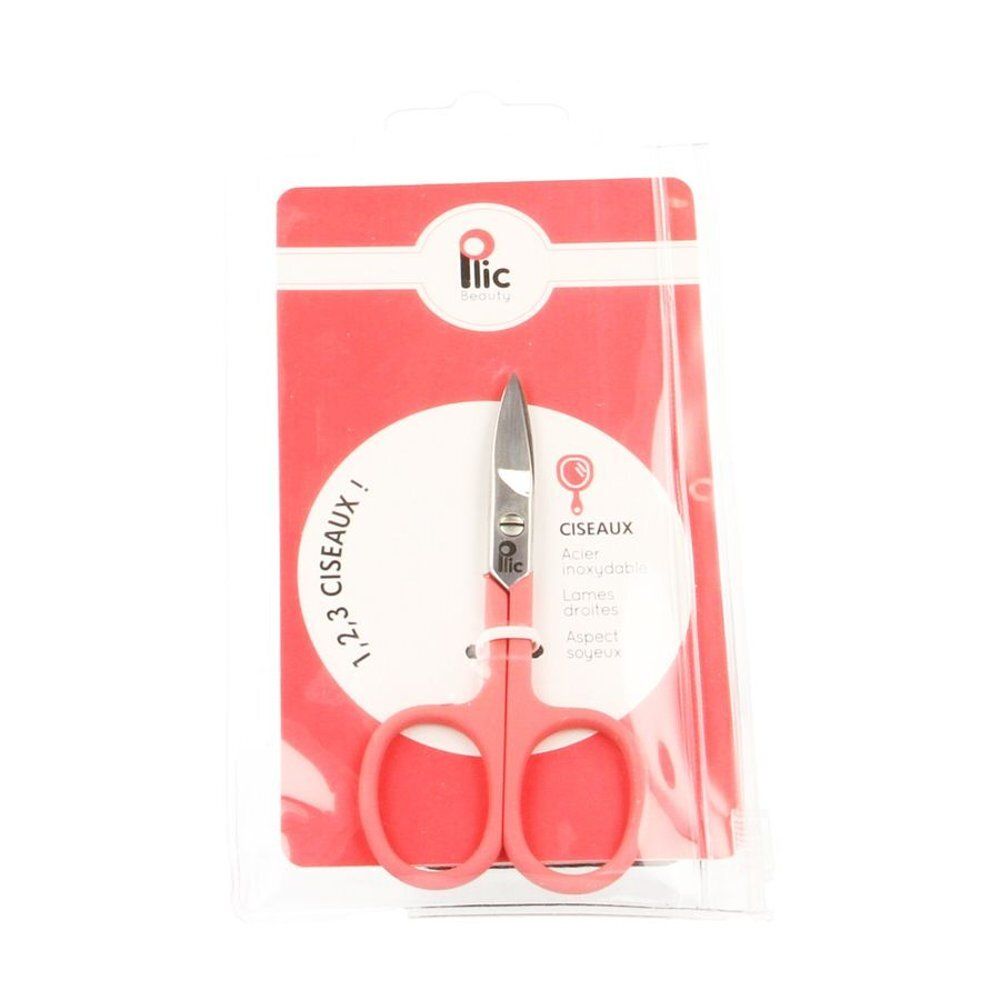 Roze nagelschaar in blisterverpakking. Op de verpakking staat "1,2,3 CISEAUX !" en "Ciseaux". De schaar heeft zilverkleurige bladen.