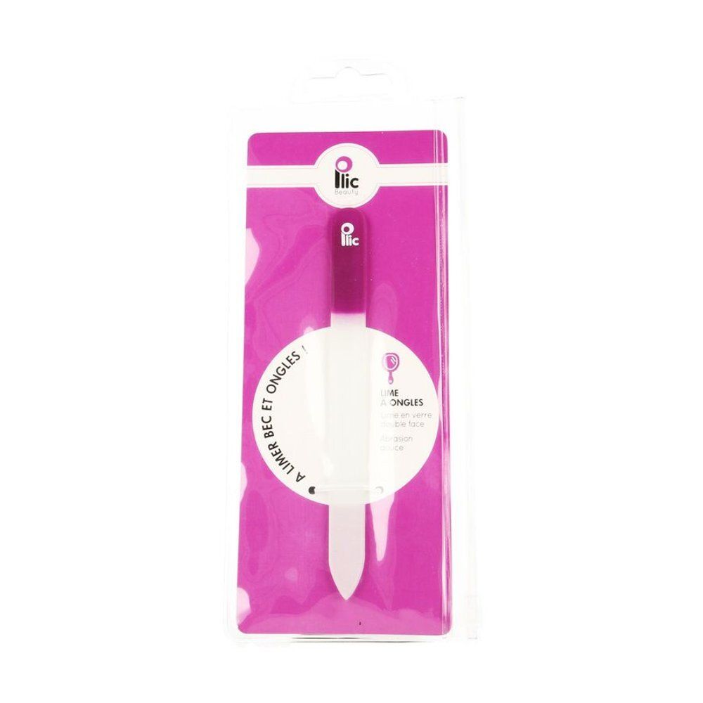 Glazen nagelvijl met paarse handgreep in verpakking. Merk: Ilic. Opschrift: A limer bec et ongles.
