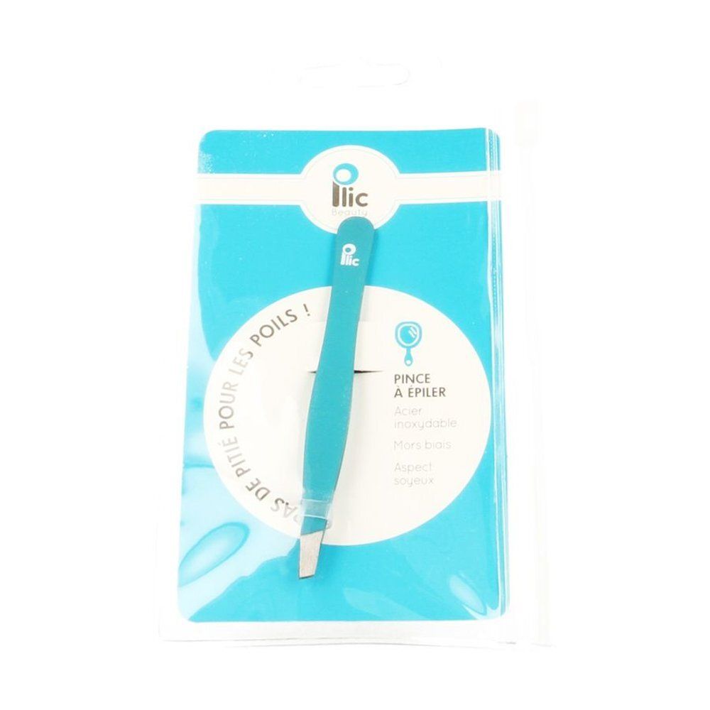 Pince à épiler turquoise dans un emballage. L'emballage porte les mentions "Ilic" et "PINCE A EPILER".