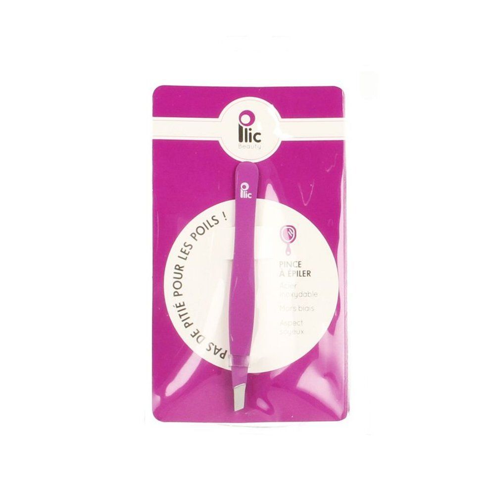 Roze pincet in verpakking. Merk Ilic Beauty. Tekst "Pas de pitié pour les poils" op de verpakking.