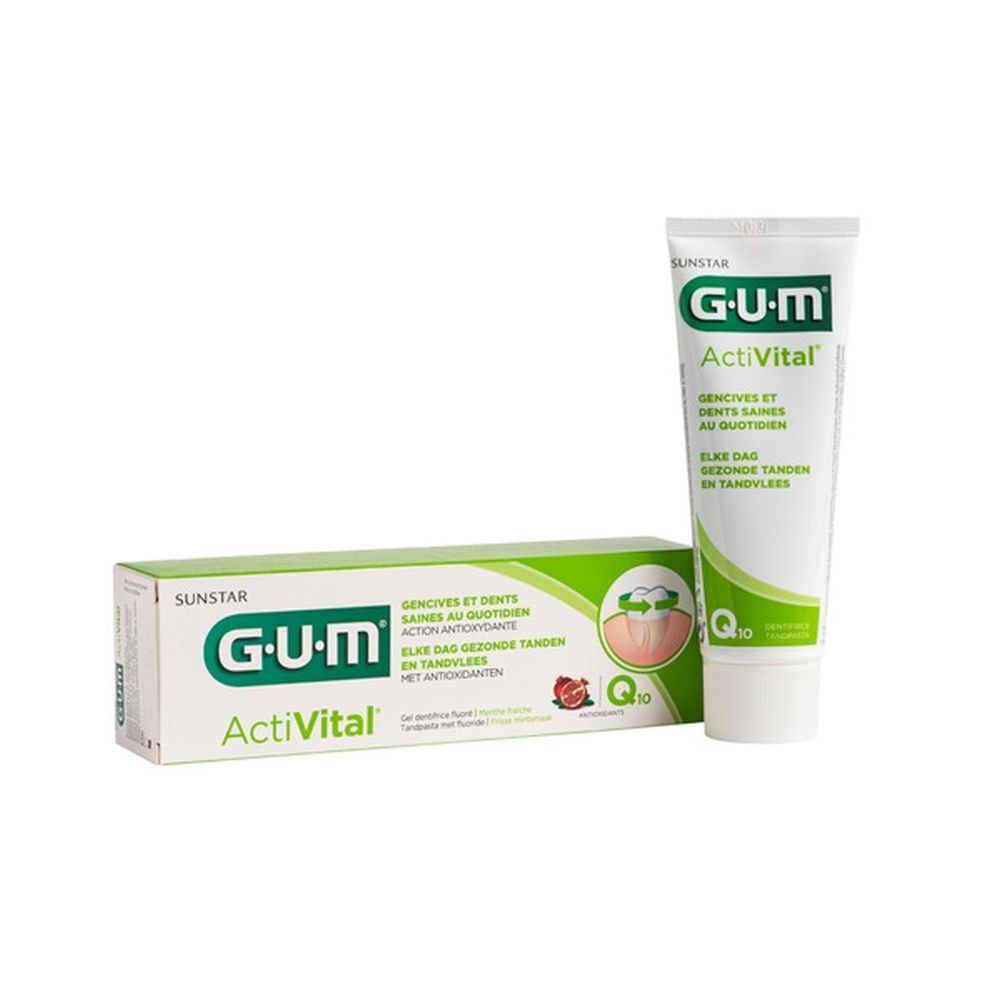 GUM ActiVital tandpasta tube en doos. Wit en groen. Tekst: GUM, ActiVital. Met Q10.