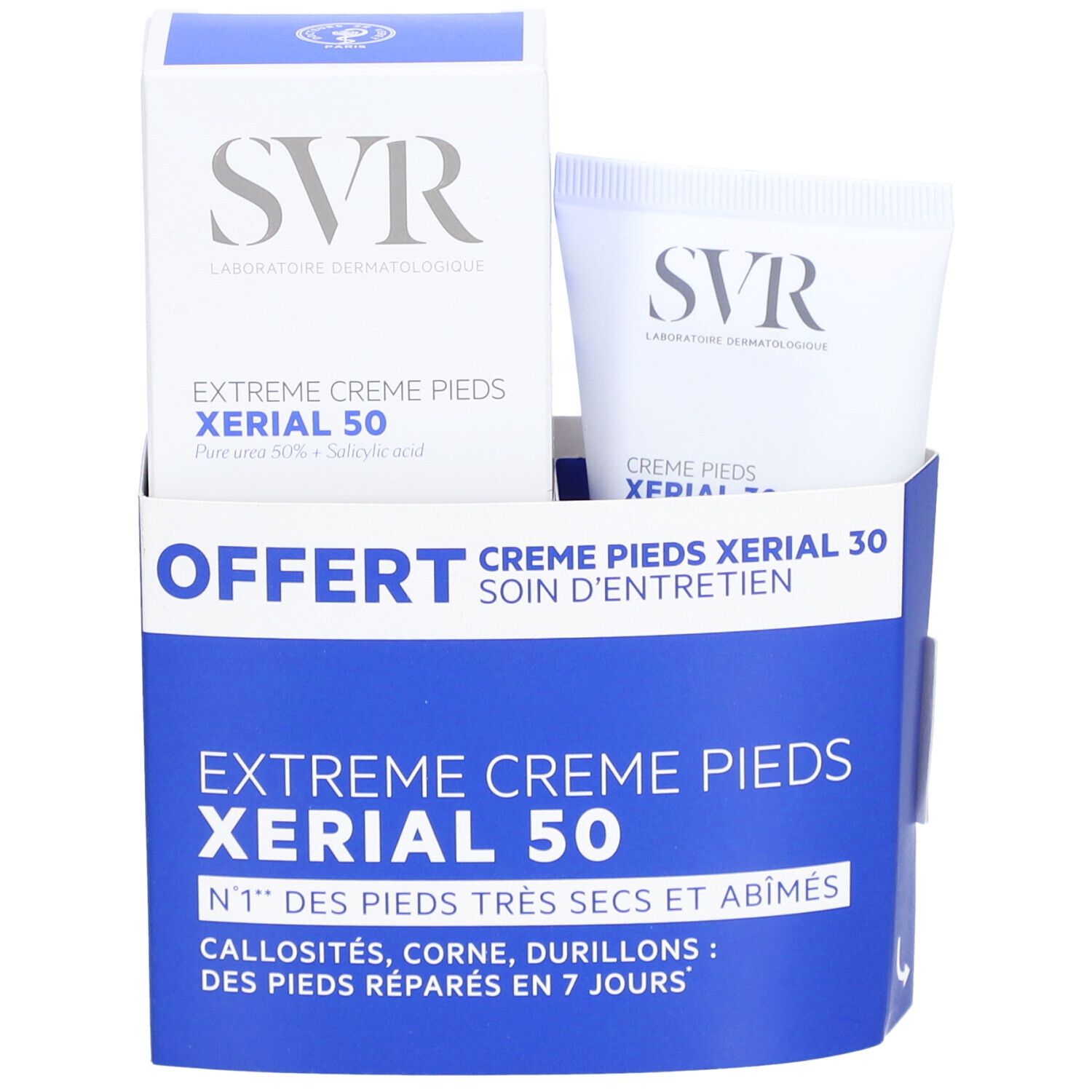 SVR Promopack : Crème pieds Xerial 50 Extreme et soin pieds Xerial 30. Vue avant.