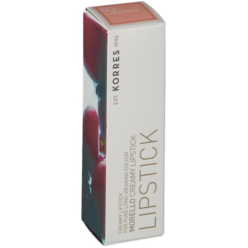 Korres Lipstick 03 in verpakking. Witte doos met productinformatie en logo. Beige lipstickkleur aan de bovenkant.