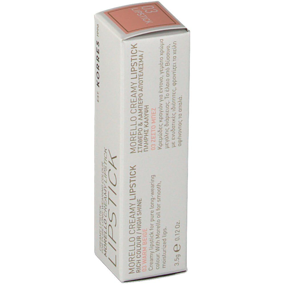 Korres Lipstick 03 verpakking. Witte doos met productnaam, kleur en ingrediënten. Beige lipstickkleur aan de bovenkant.