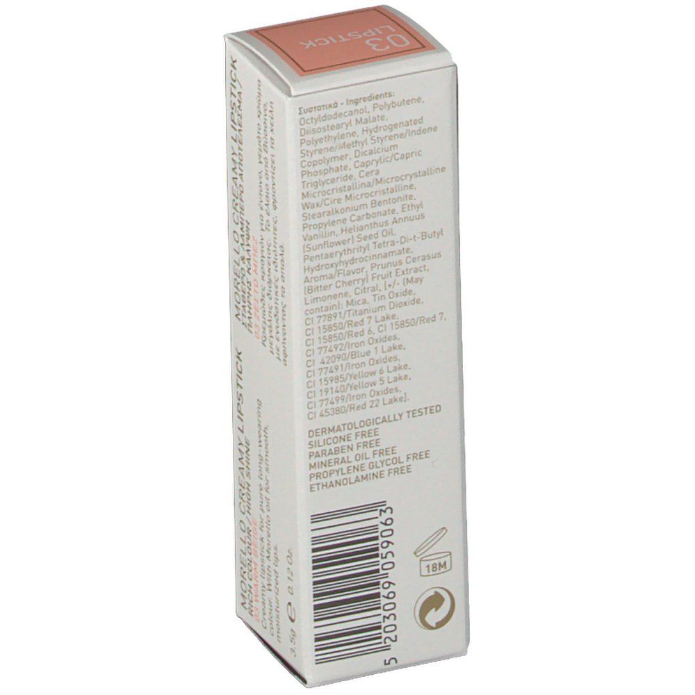 Korres Lipstick 03 verpakking. Witte doos met ingrediënten, barcode en certificeringen. Achteraanzicht met tekst.