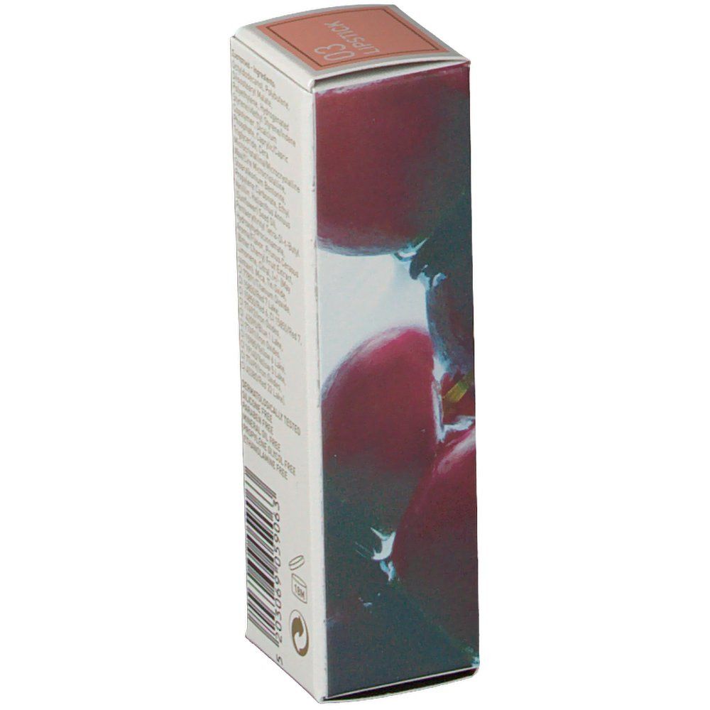 Korres Lipstick 03 verpakking. Witte doos met productafbeelding en tekst. Achteraanzicht met barcode.