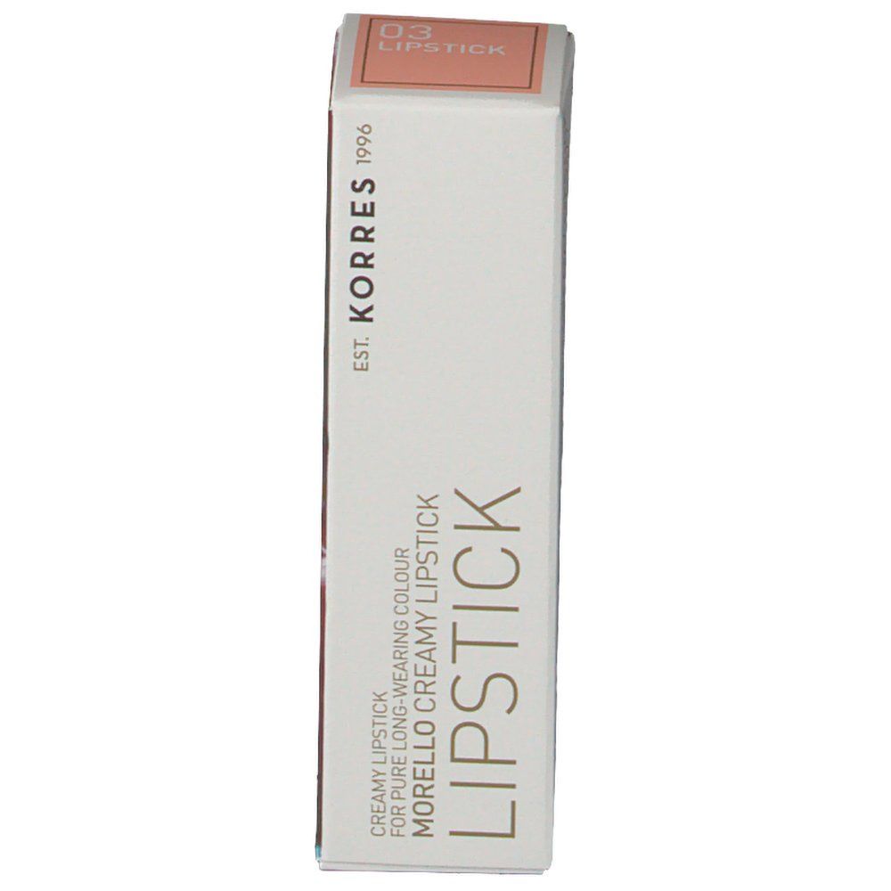 Korres Lipstick 03 in verpakking. Witte doos met productinformatie en logo. Beige lipstickkleur aan de bovenkant.