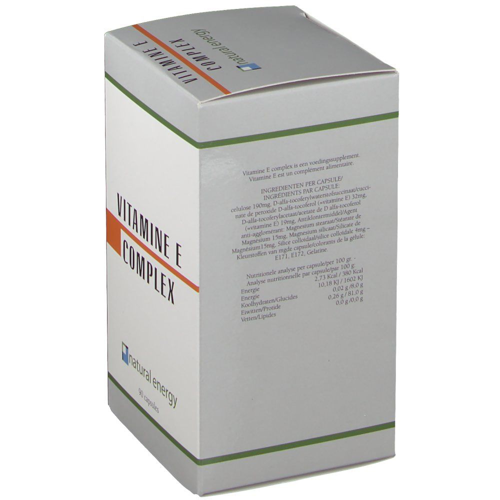 Dos de la boîte "VITAMINE E COMPLEX". Texte avec ingrédients et informations nutritionnelles. Logo "natural energy".