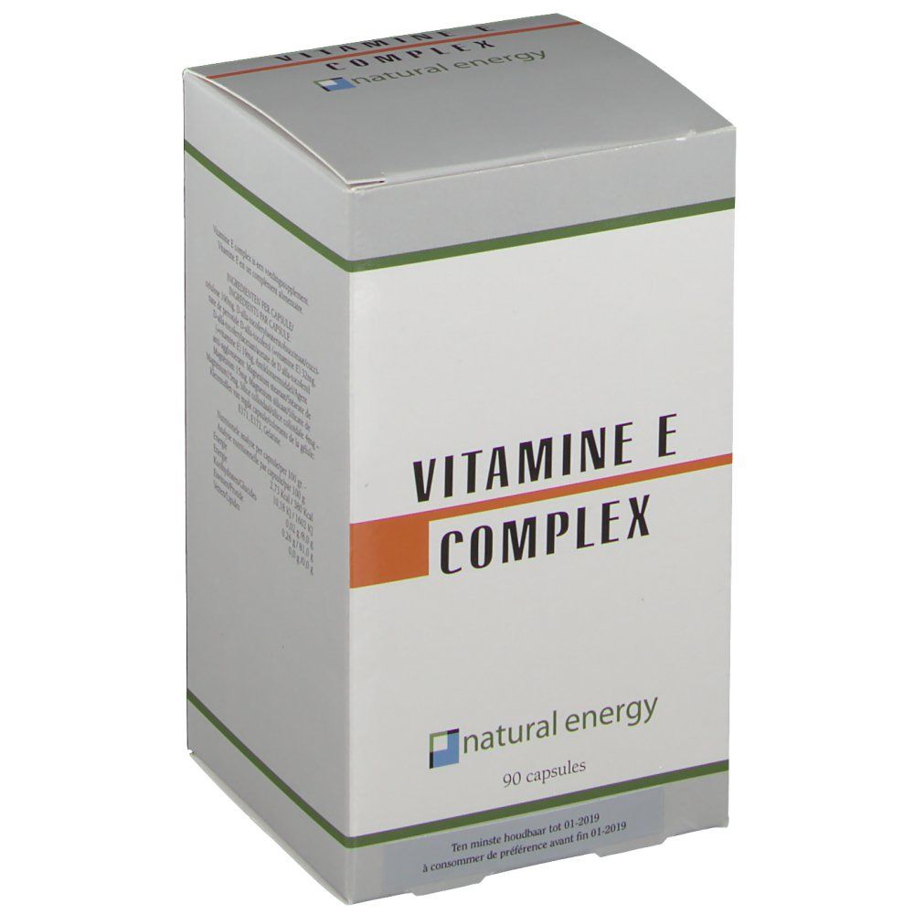 Boîte "VITAMINE E COMPLEX". Logo "natural energy" et "90 capsules". Vue en biais. Ligne horizontale orange.