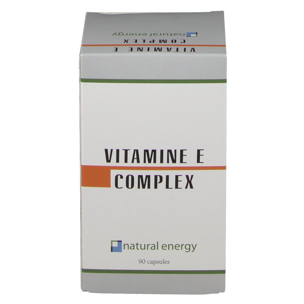 Boîte "VITAMINE E COMPLEX". Logo "natural energy" et "90 capsules". Ligne horizontale orange.
