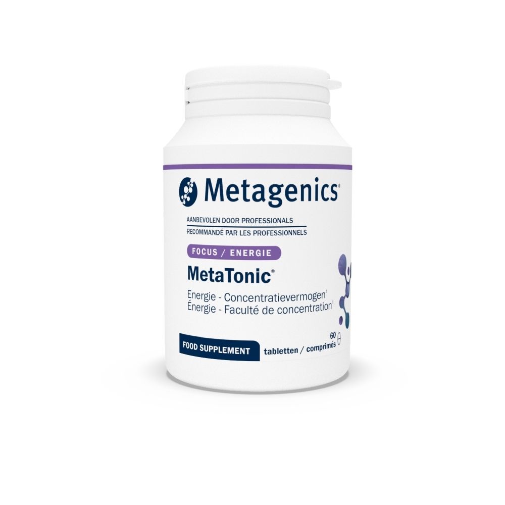 Witte fles MetaTonic. Bevat 60 tabletten. Opschrift: Energie, concentratievermogen. Merk: Metagenics.