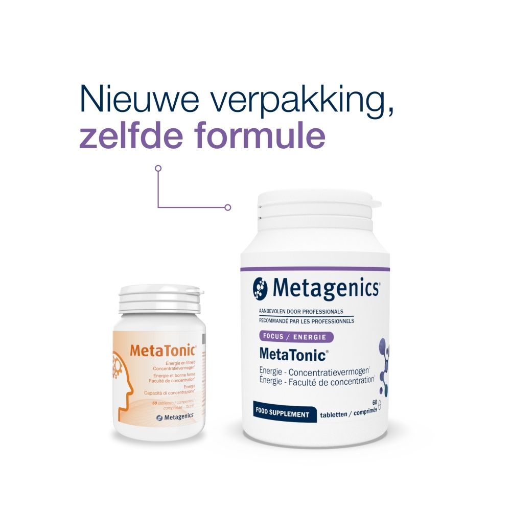 Twee MetaTonic flessen. Een kleine en een grote. Tekst: Nieuwe verpakking, zelfde formule.