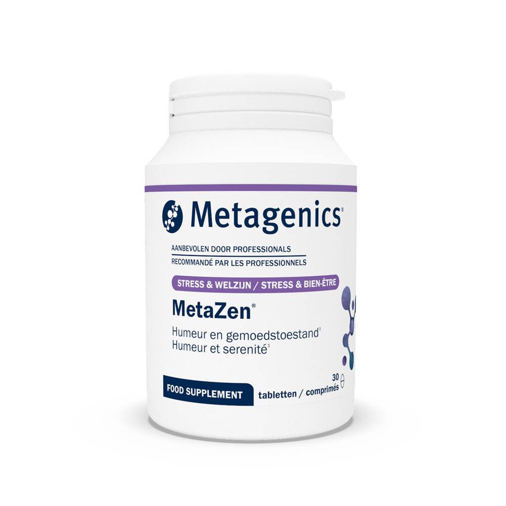 Witte fles MetaZen, Metagenics-logo, opschrift Stress & Welzijn. 30 tabletten. Voedingssupplement.