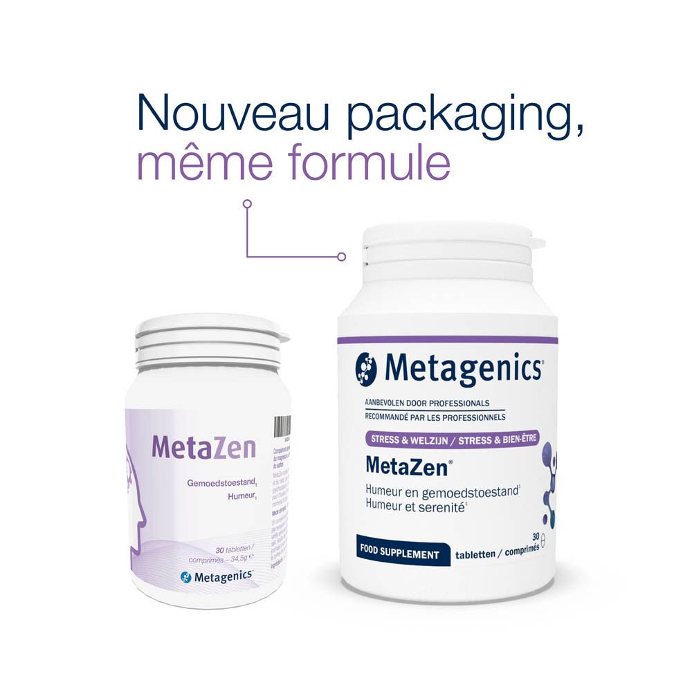 Deux emballages MetaZen. Un petit et un grand flacon. Texte : Nouveau packaging, même formule. Logo Metagenics.