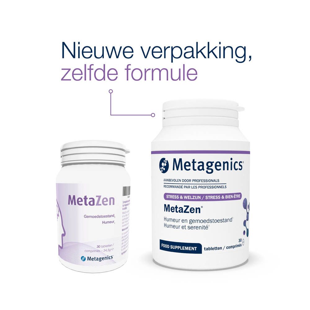 Twee MetaZen-verpakkingen. Een kleine en een grote fles. Tekst: Nieuwe verpakking, zelfde formule. Metagenics-logo.