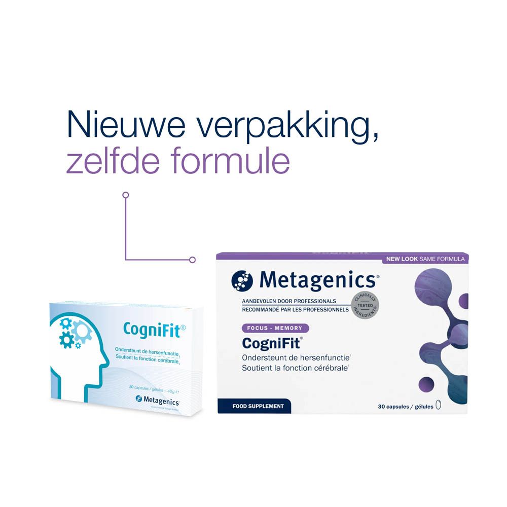 Twee "CogniFit" verpakkingen naast elkaar. Eén met hoofdsilhouet, de andere met paars design. Merk: Metagenics.