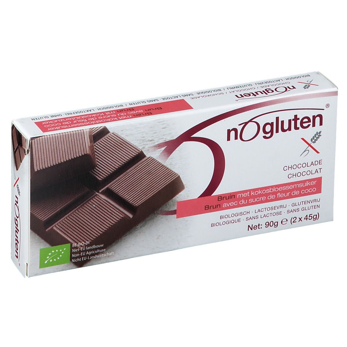Tablette de chocolat dans son emballage. Chocolat brun avec morceaux visibles. Inscription : nOgluten, chocolat.
