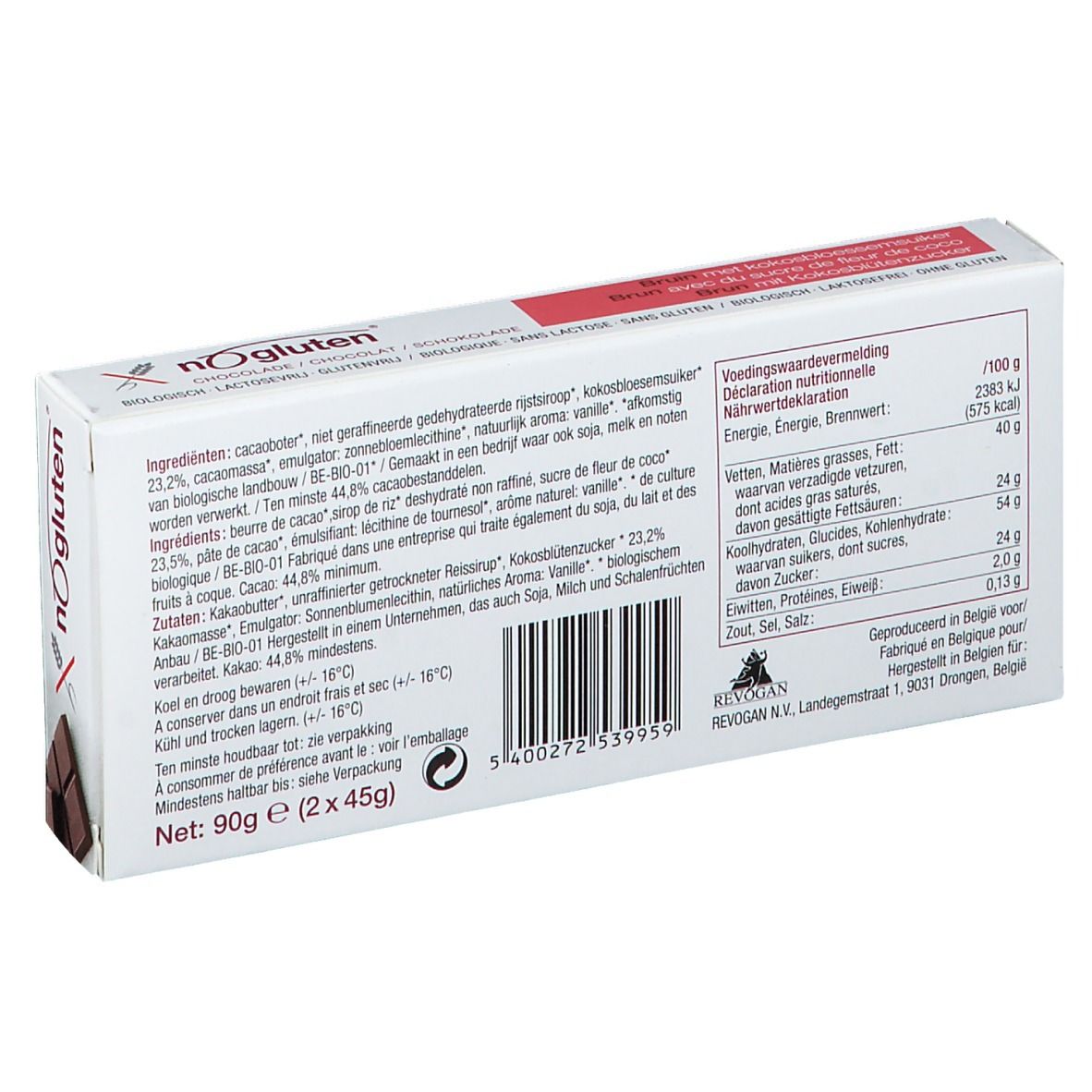 Dos de l'emballage de chocolat. Texte avec ingrédients et informations nutritionnelles. Inscription : nOgluten.