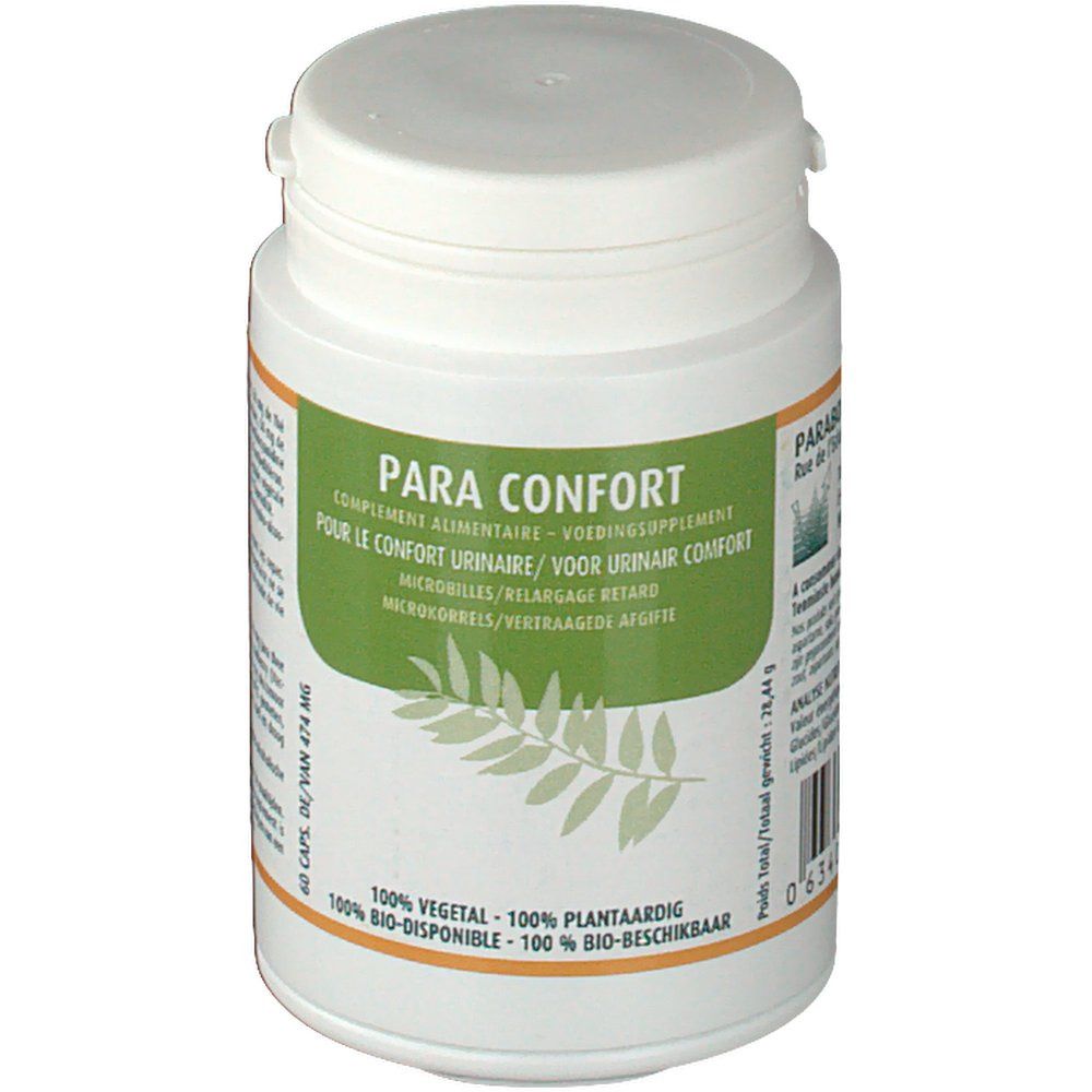 Witte fles met groen etiket. Opschrift: Para Confort. Bevat 60 capsules. 100% plantaardig.