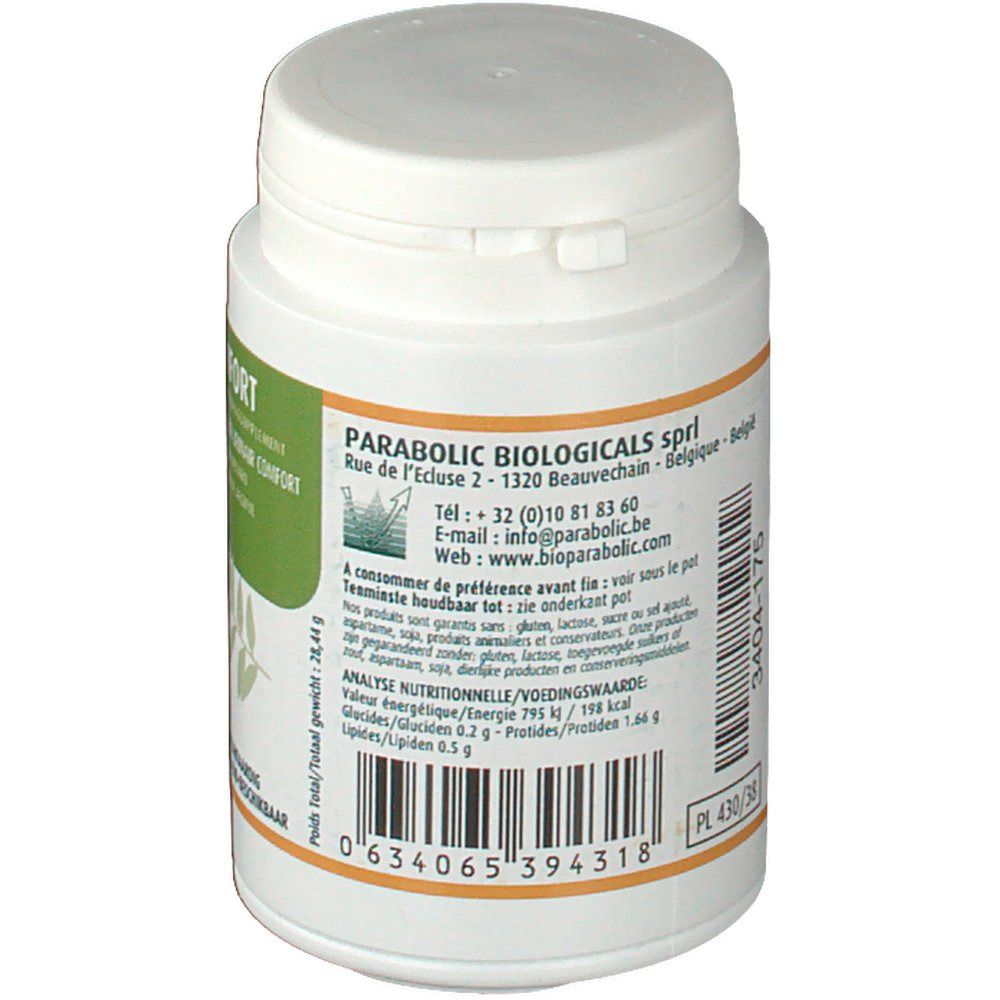 Achterkant van de witte fles. Etiket met informatie over ingrediënten, voedingswaarden en adres van de fabrikant.