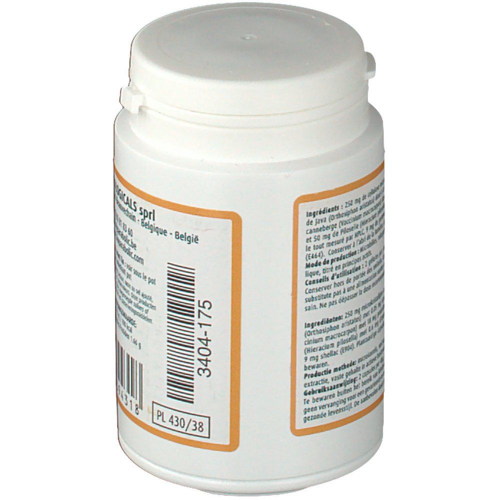 Witte fles met oranje etiket. Barcode en lotnummer. Informatie over ingrediënten.