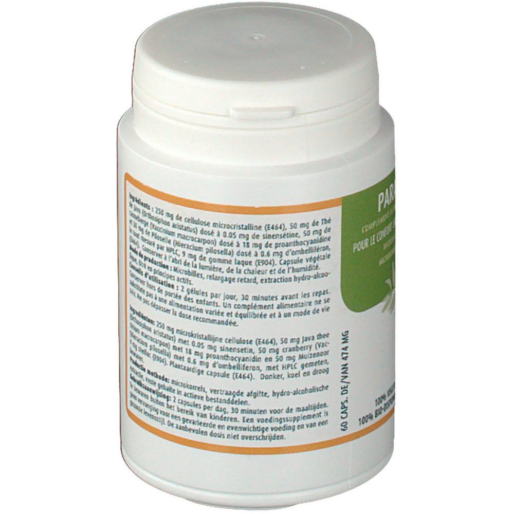 Witte fles met groen etiket. Bevat informatie over ingrediënten en gebruiksaanwijzing.