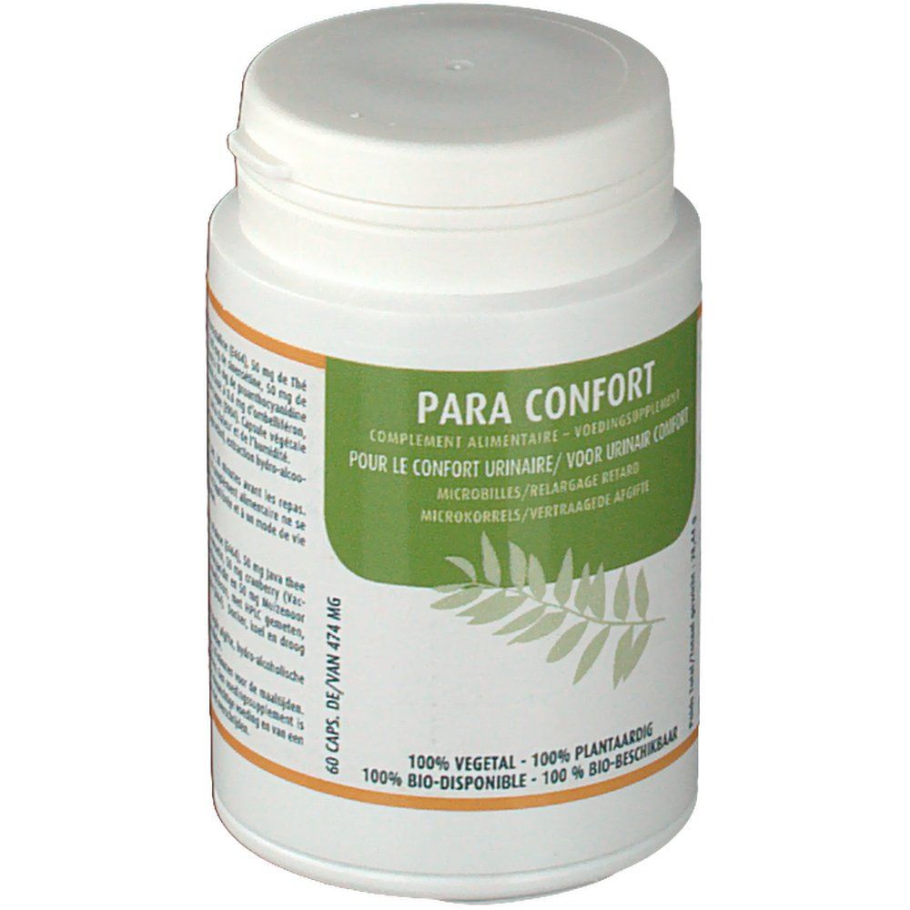 Witte fles met groen etiket. Opschrift: Para Confort. Bevat 60 capsules. 100% plantaardig.