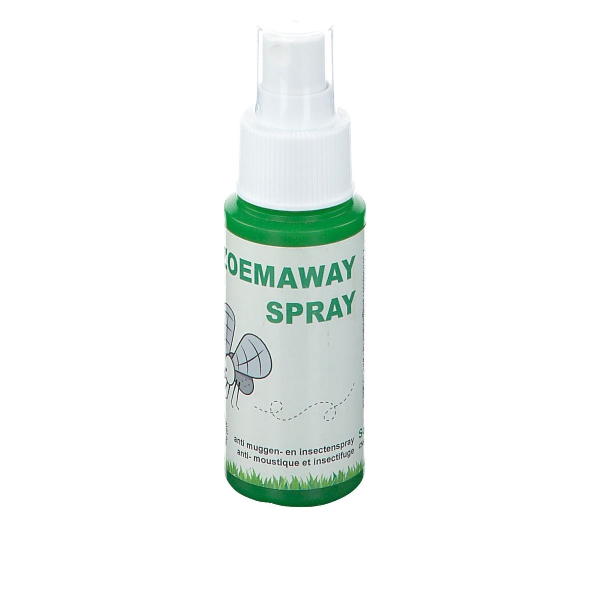 Groene sprayfles met witte sproeikop. Opschrift: Zoemaway Spray. Afbeelding van een vlieg. Tekst: Anti-muggen- en insectenspray.