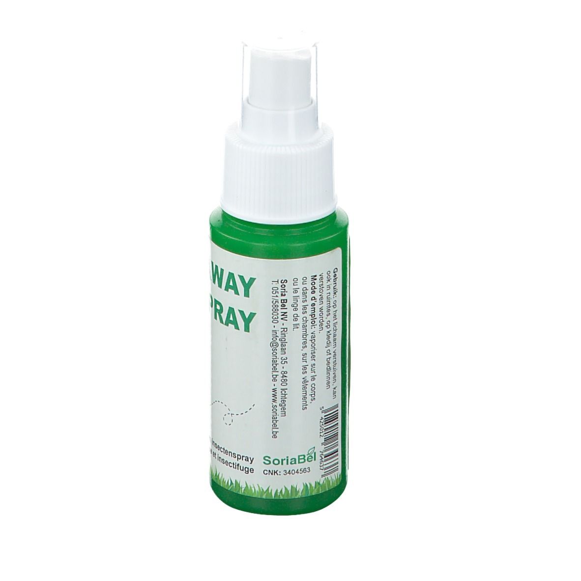 Groene sprayfles met witte sproeikop. Achterkant met tekst. Fabrikantinformatie en contactgegevens. Tekst: SoriaBel NV.