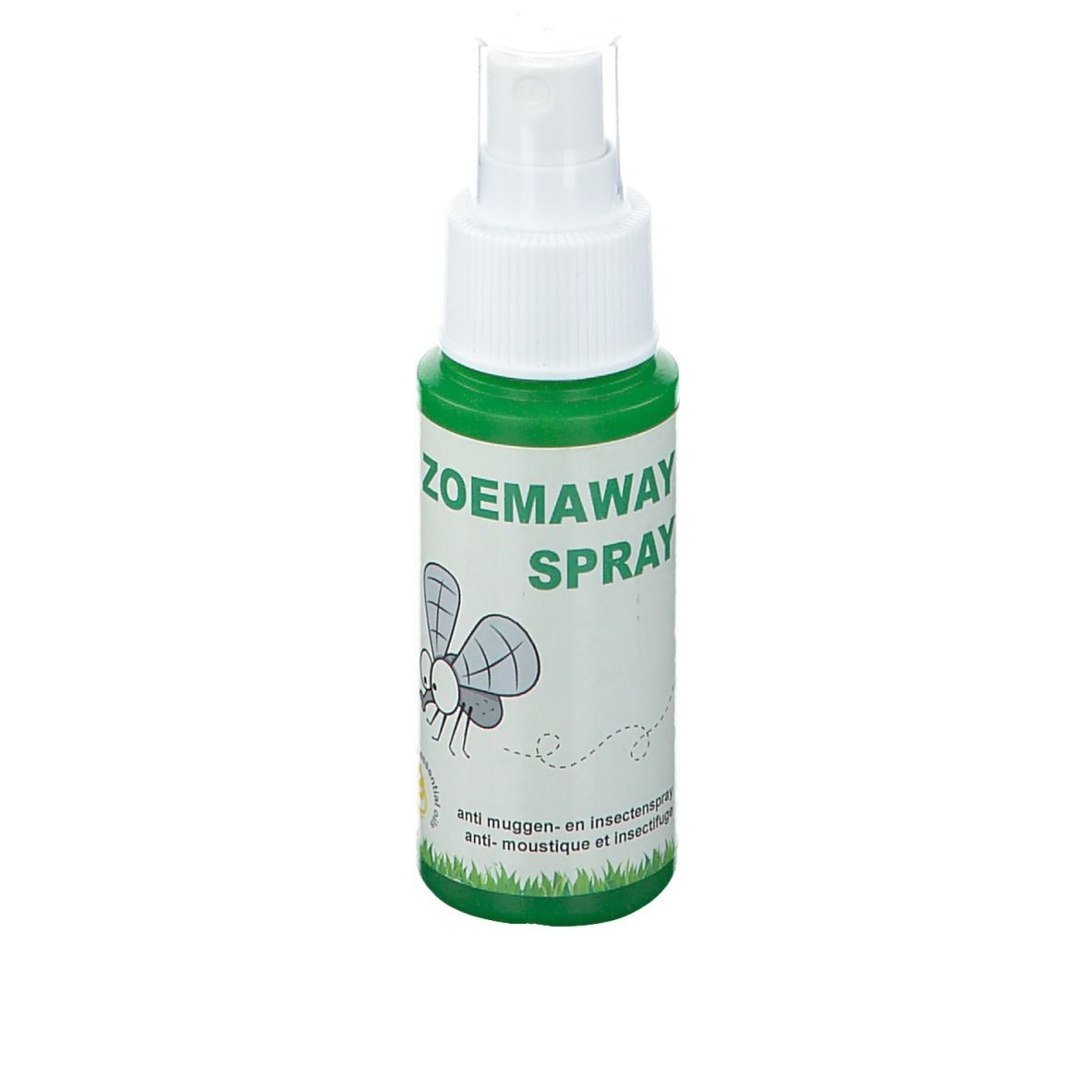 Groene sprayfles met witte sproeikop. Opschrift: Zoemaway Spray. Afbeelding van een vlieg. Tekst: Anti-muggen- en insectenspray.