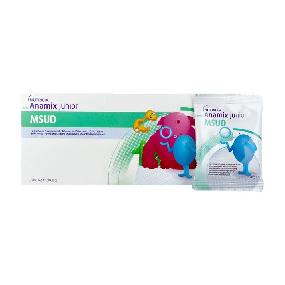 Emballage de MSUD Anamix junior. Sachet et boîte avec nom du produit et illustrations enfantines. Inscription : Nutricia.
