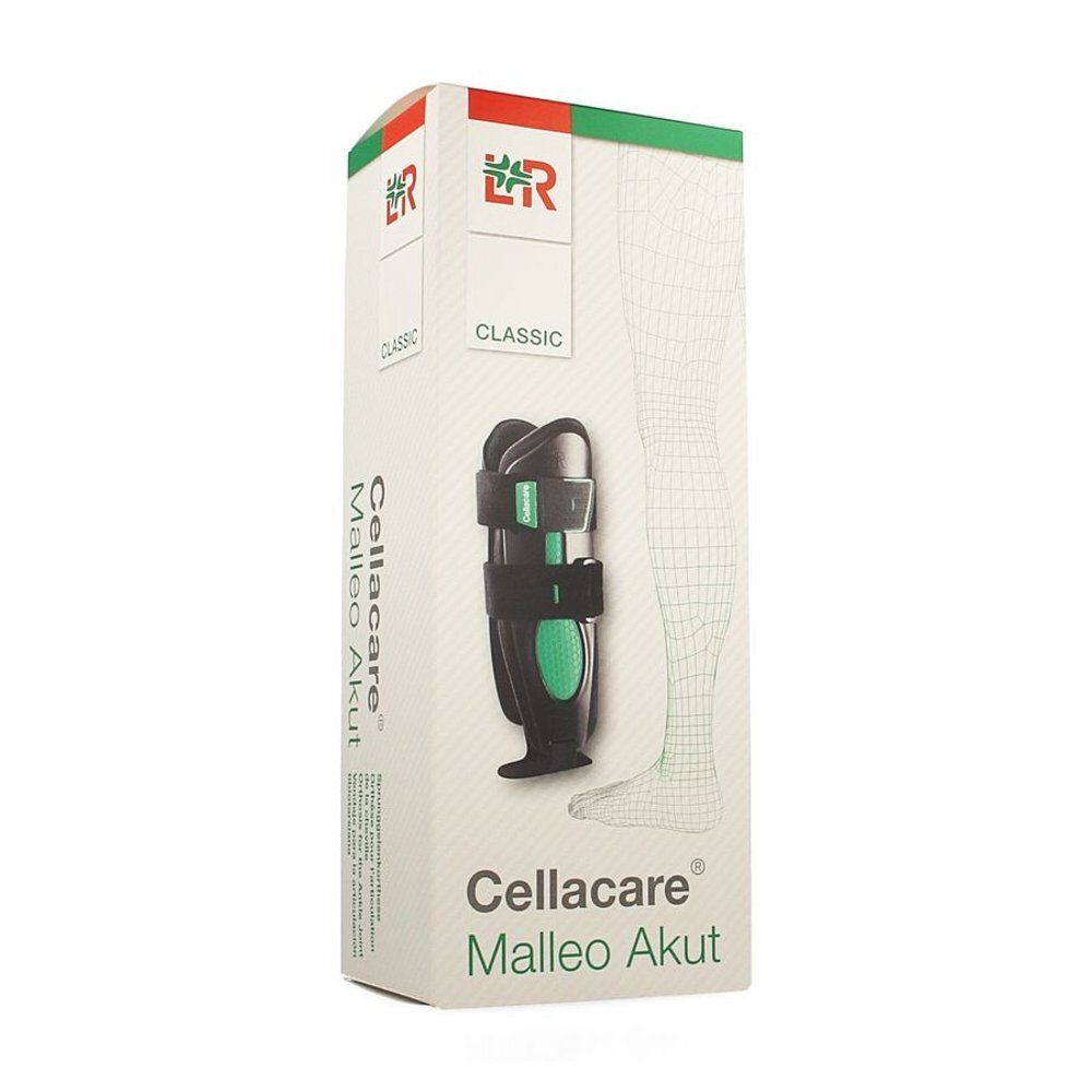 Cellacare Malleo Akut. Doos met enkelbrace. Groen-zwarte brace, illustratie van een been. Logo en tekst.