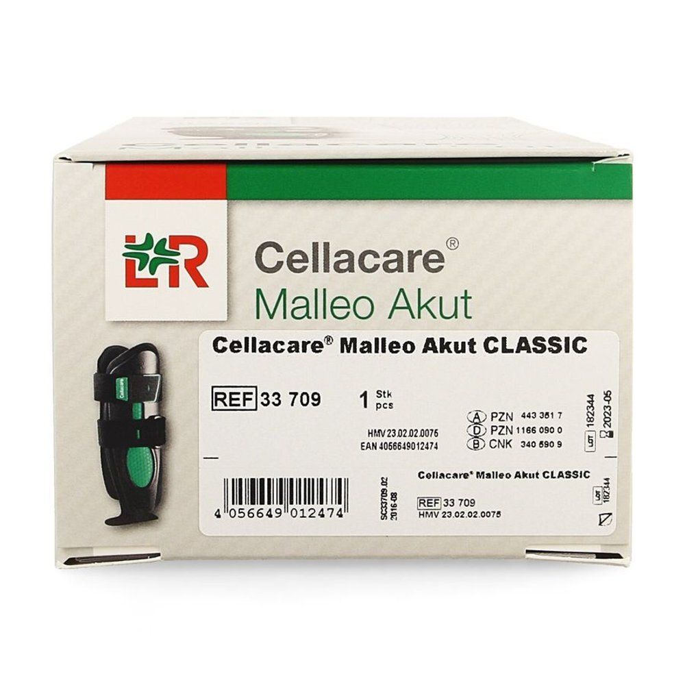 Cellacare Malleo Akut Classic. Doos met enkelbrace. Productafbeelding, REF 33 709, 1 st. PZN-nummers, EAN-code, houdbaarheidsdatum.