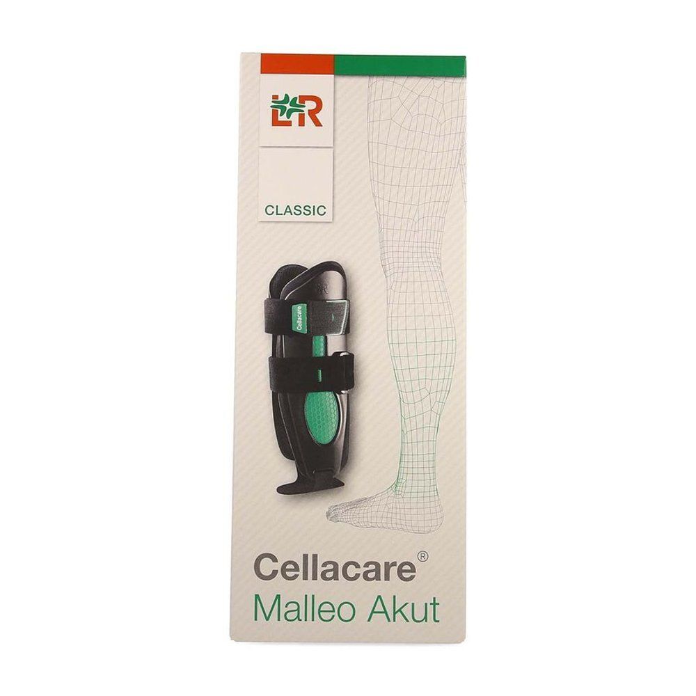 Cellacare Malleo Akut. Doos met enkelbrace. Groen-zwarte brace, illustratie van een been. Logo en tekst.