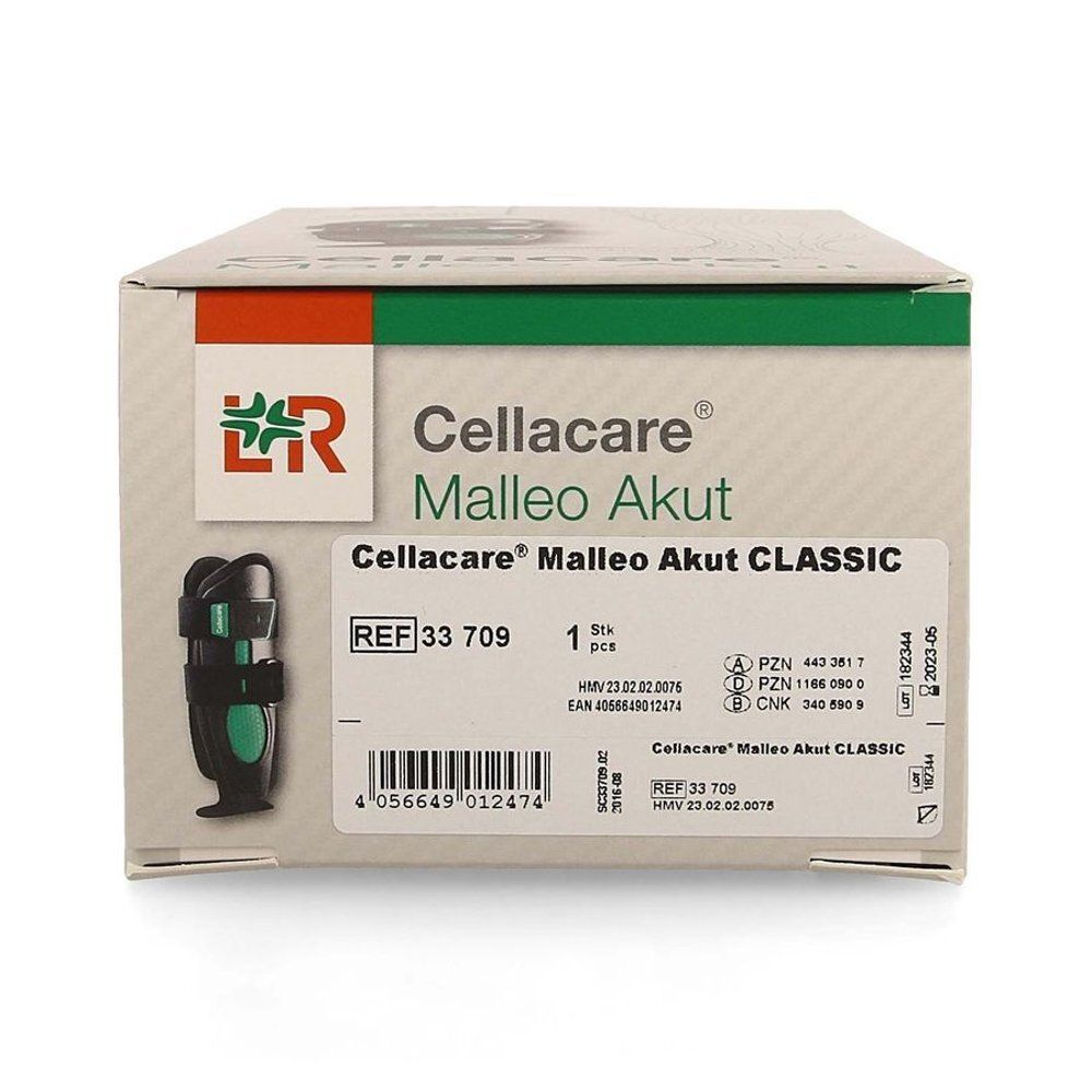 Cellacare Malleo Akut Classic. Boîte avec attelle de cheville. Image du produit, REF 33 709, 1 pièce. Numéros PZN, code EAN, date de péremption.