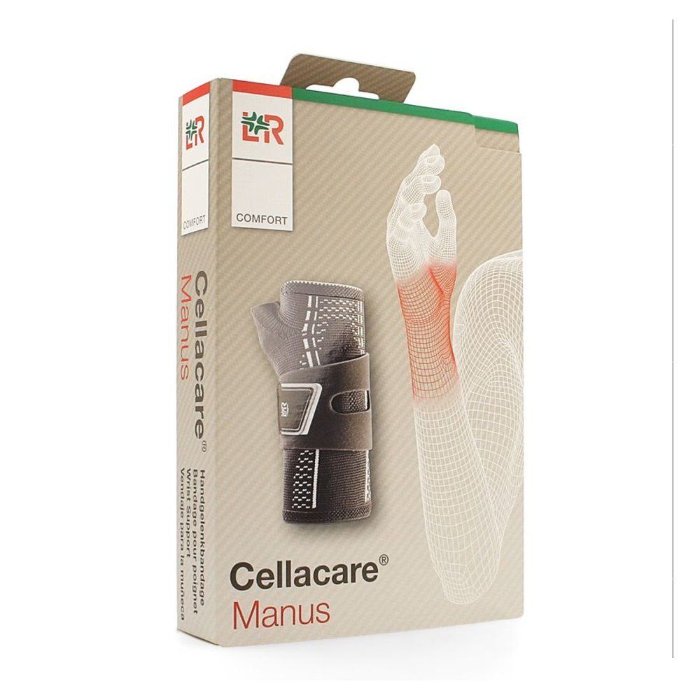 Emballage Cellacare® Manus. Image du produit et illustration du poignet.