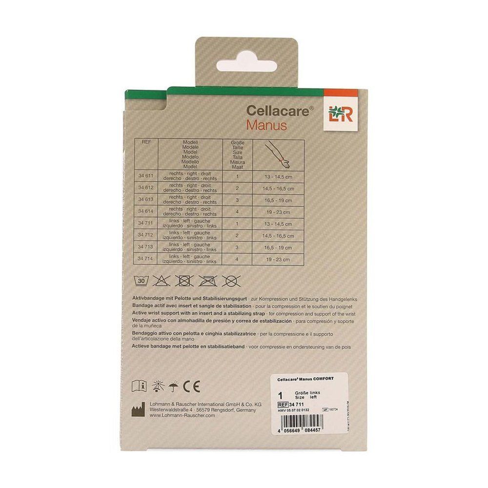 Achterkant van de Cellacare® Manus verpakking. Maattabel en wassymbolen.